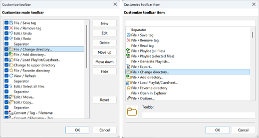 Toolbar customization and item configuration