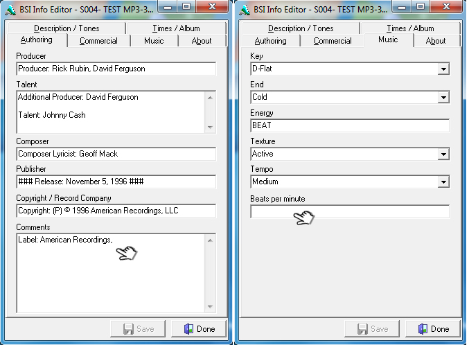 01 BSI Info Editor - Comments and Beats per minute (BPM), missing texts
